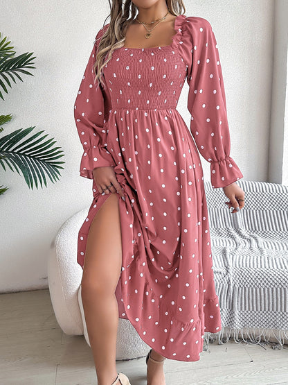 Polka Dot Flounce Sleeve Midi Dress Dusty Pink