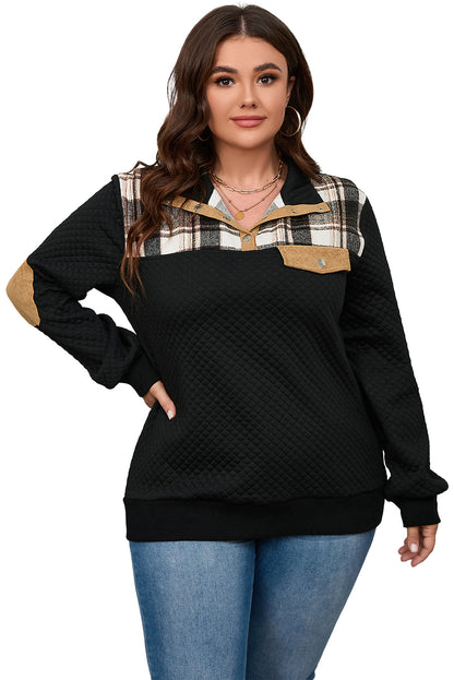 Black Plus Size Quilted Sweatshirt with Plaid Patchwork & Henley Neck