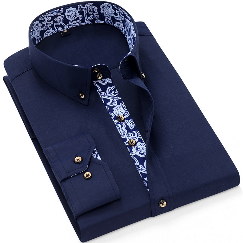 Blue And White Porcelain Collar Business Casual Long Sleeve Shirt Men Navy Blue