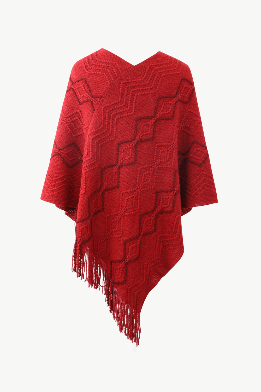 Pearl Trim V-Neck Fringe Hem Poncho - Thandynie