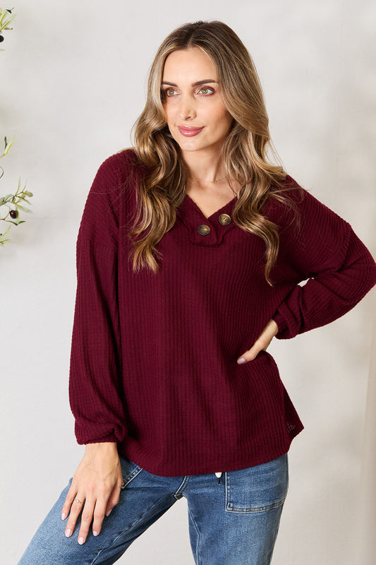 Zenana Buttoned V-Neck Long Sleeve Blouse Dark Burgundy