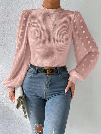 Swiss Dot Waffle-Knit Lantern Sleeve T-Shirt Blush Pink