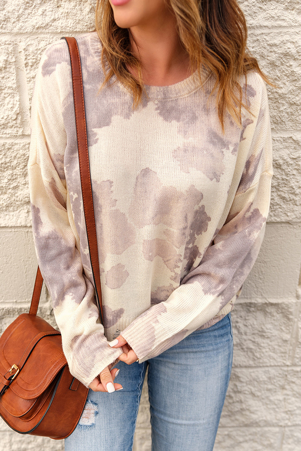 Tie-Dye Distressed Round Neck Sweater Beige