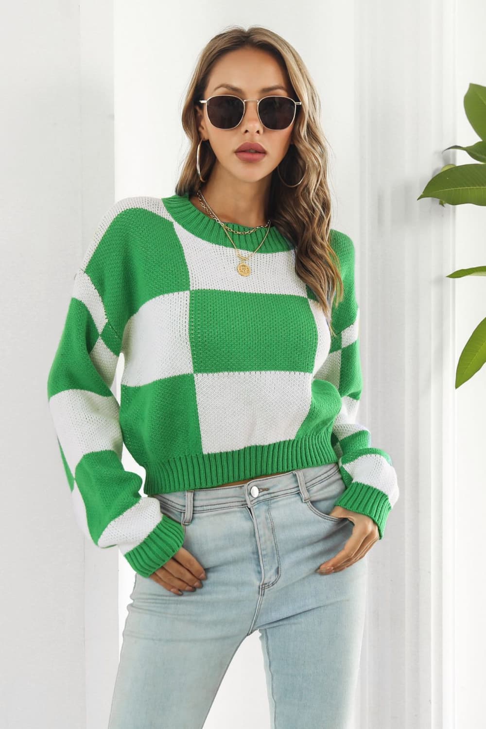 Color Block Round Neck Dropped Shoulder Sweater Green