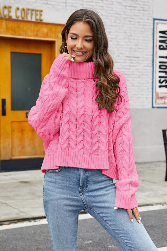 Turtleneck Cable-Knit Long Sleeve Sweater Hot Pink