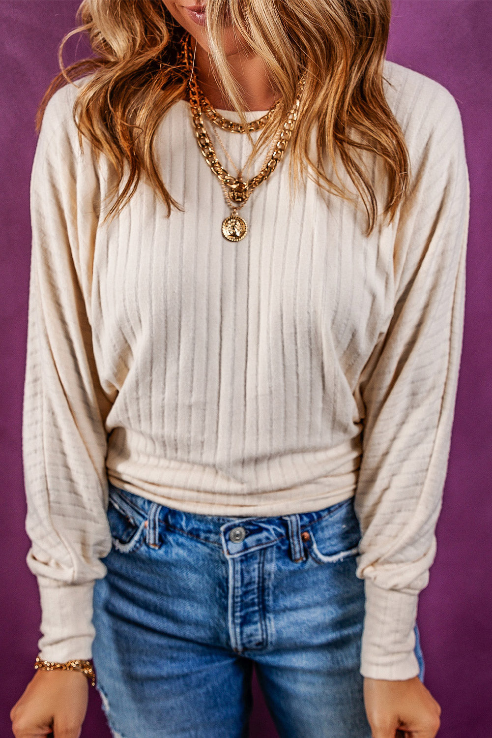 Ribbed Round Neck Long Sleeve Blouse White