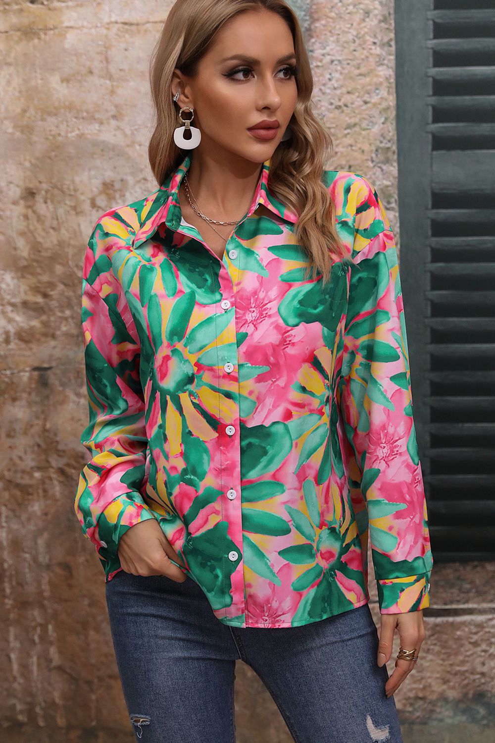 Floral Print Collared Neck Long Sleeve Shirt Floral