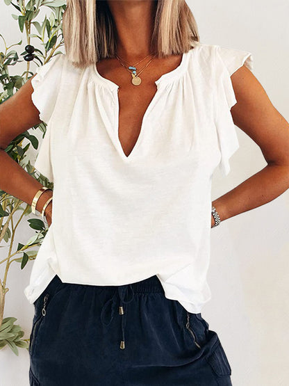 Ruffled Notched Cap Sleeve T-Shirt White