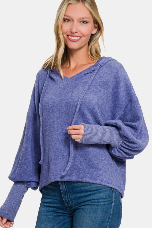 Zenana Brushed Hacci Drop Shoulder Cropped Hoodie Marlin