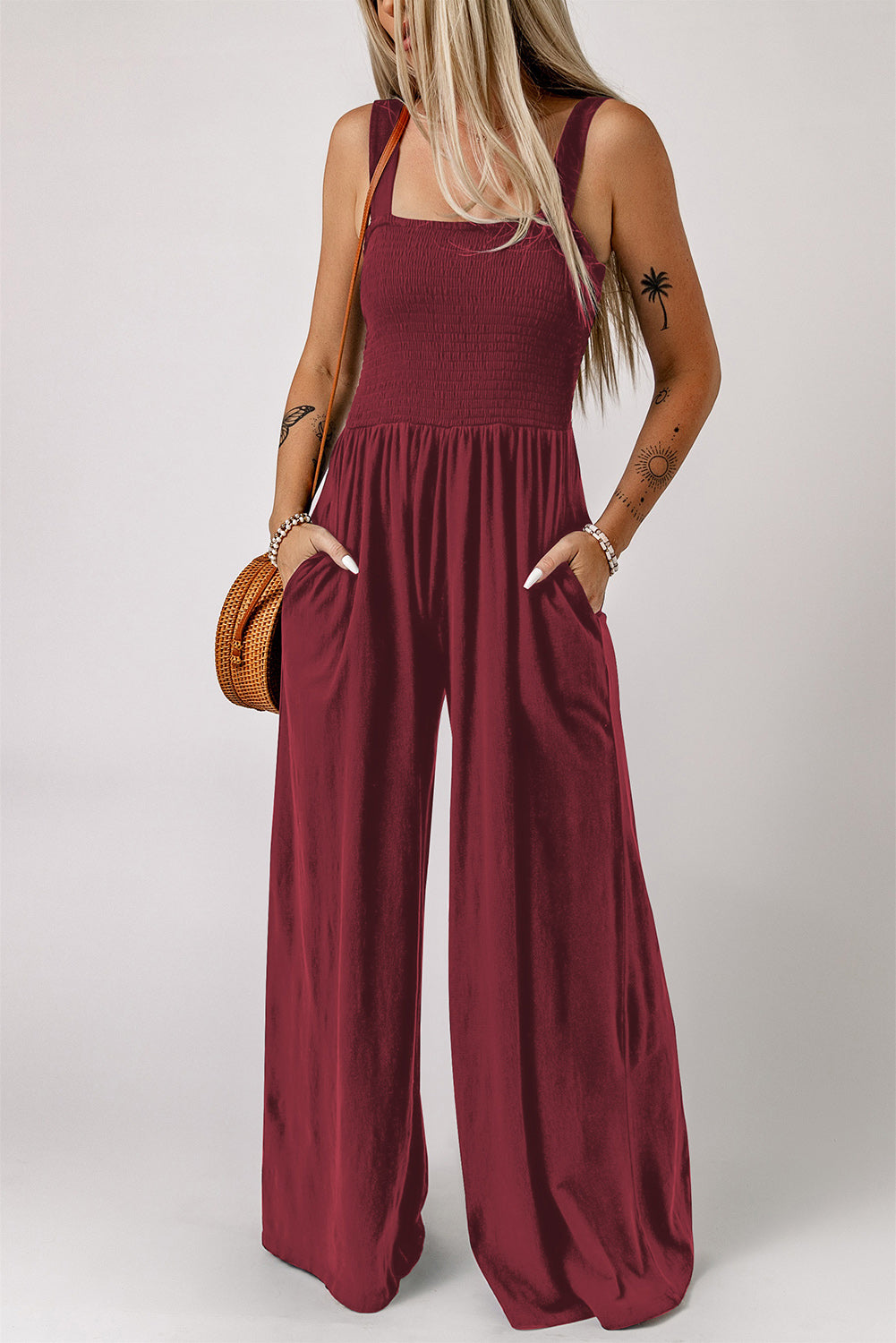 Smocked Square Neck Wide Leg Jumpsuit with Pockets Wine