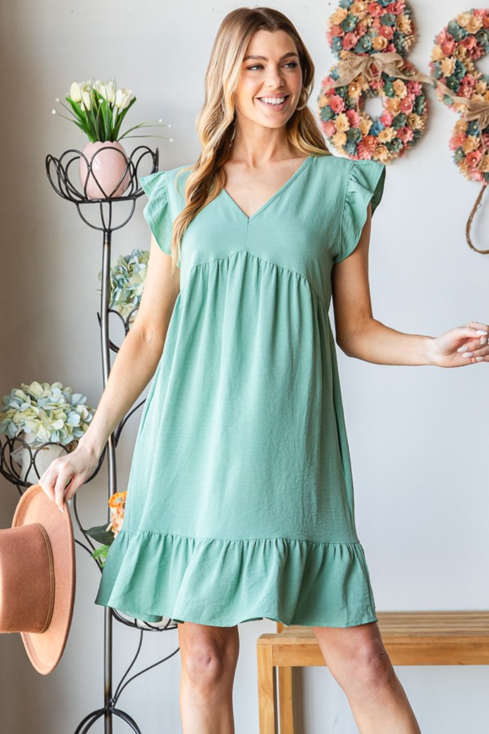 Heimish Full Size Short Sleeve V Neck Ruffled Hem Dress Dusty Sage