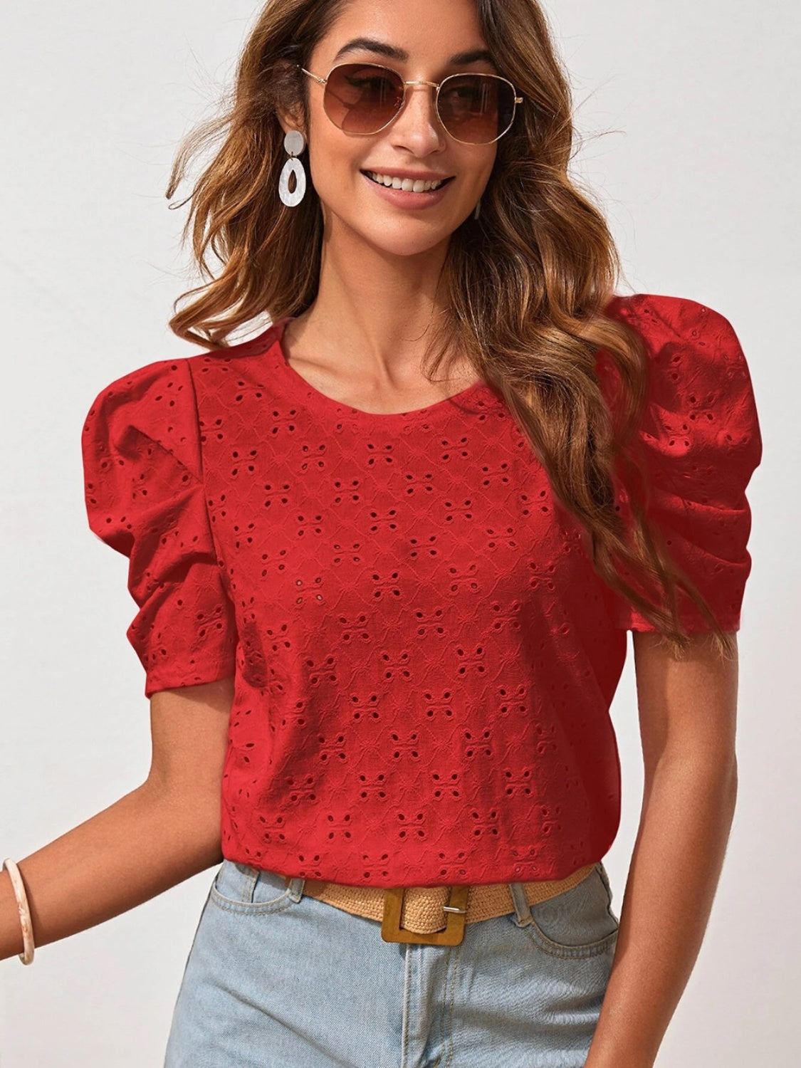 Eyelet Round Neck Puff Sleeve Blouse Burgundy