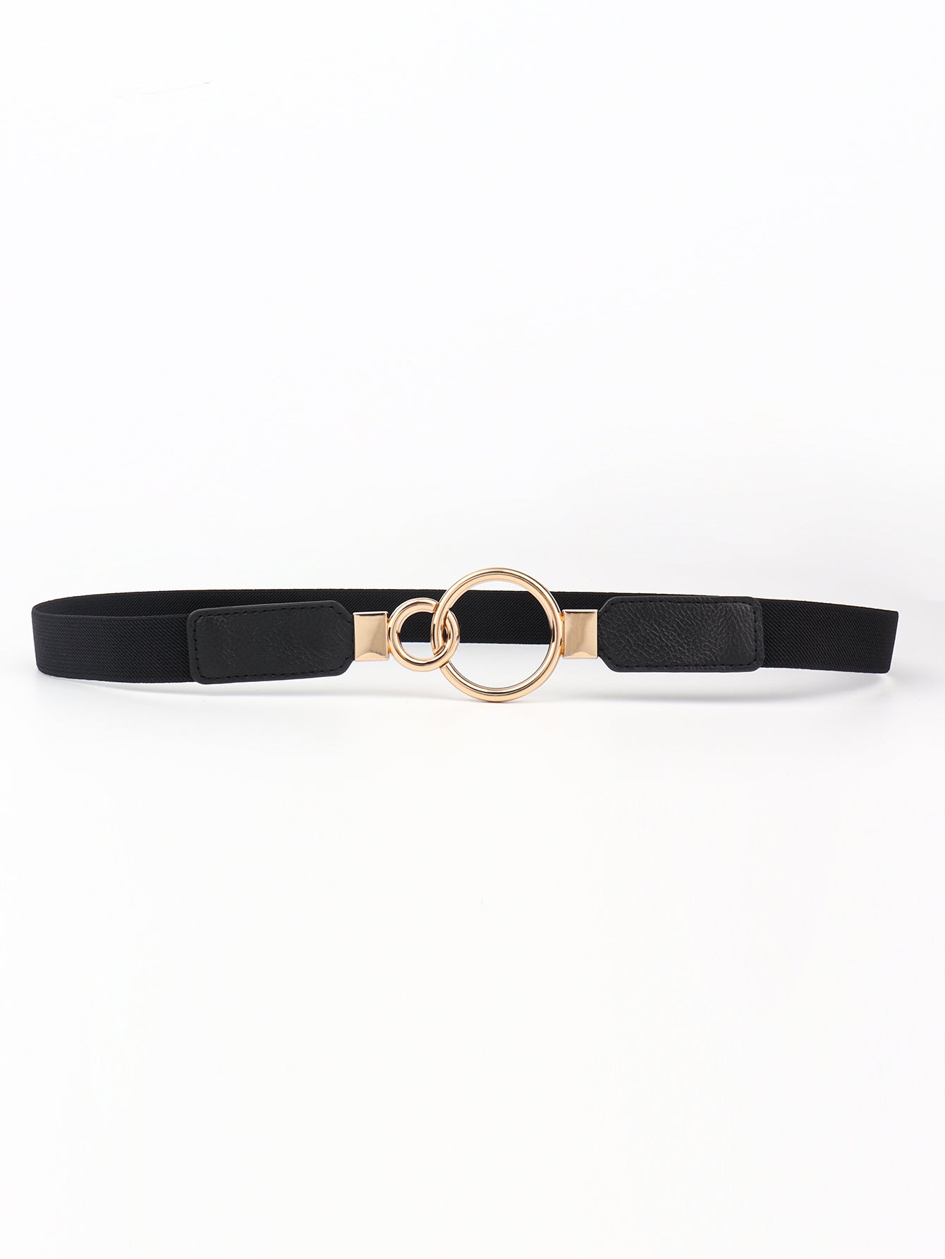 Double Ring Buckle Elastic PU Belt Black One Size