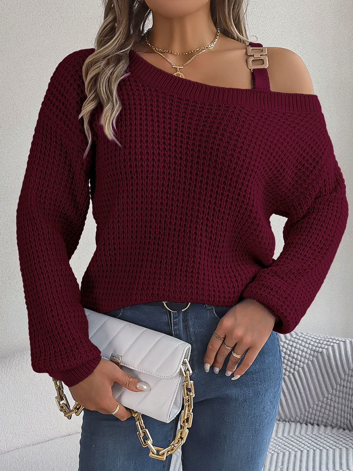 Asymmetrical Neck Long Sleeve Sweater Wine