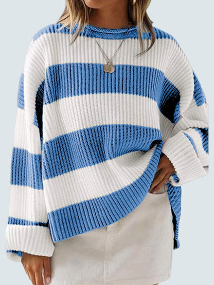 Round Neck Long Sleeve Sweater Blue