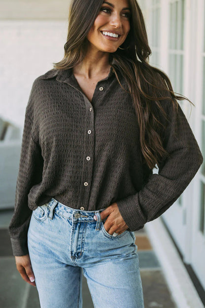 Twisted Collared Neck Long Sleeve Shirt Charcoal