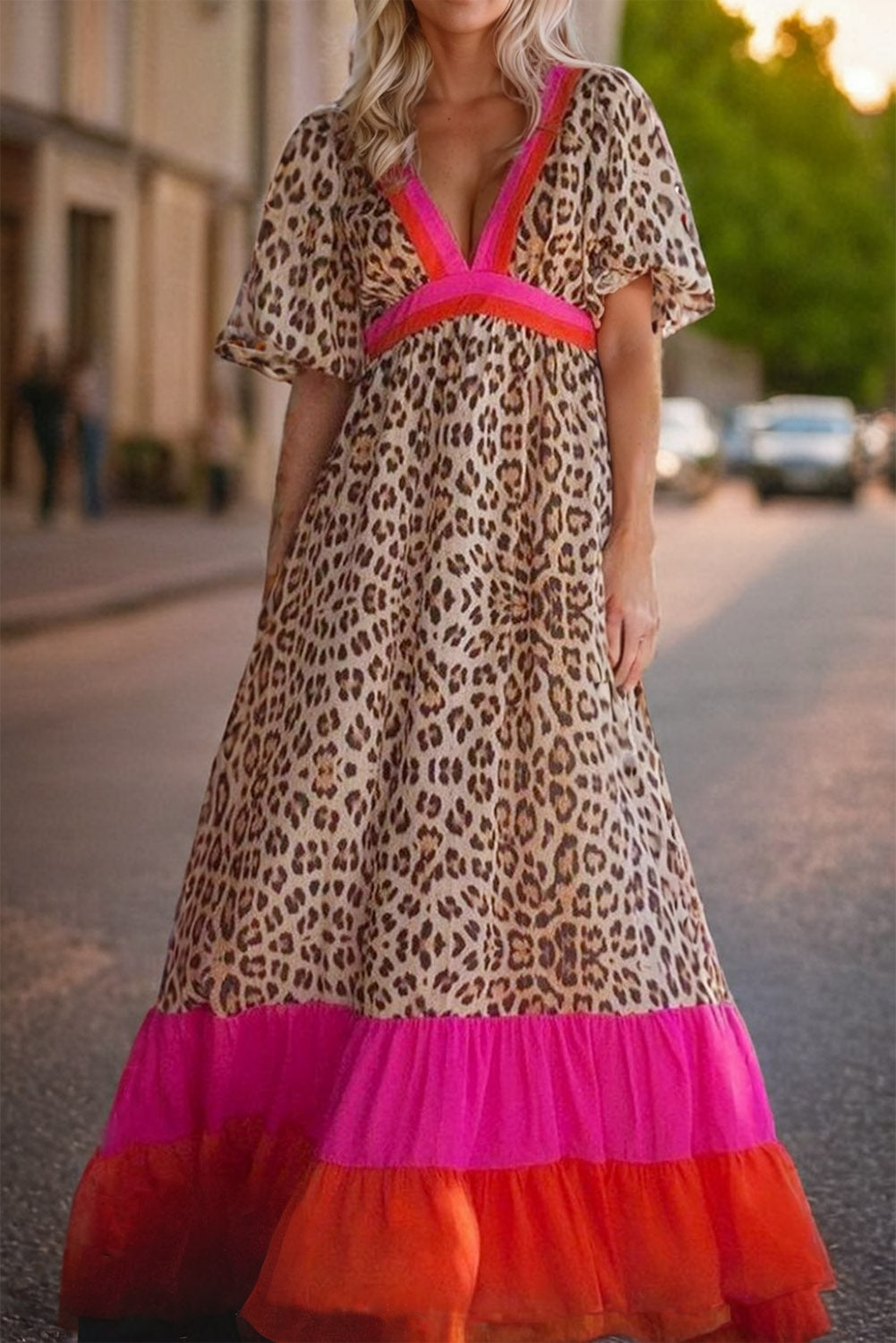 Full Size Leopard V-Neck Half Sleeve Maxi Dress Leopard