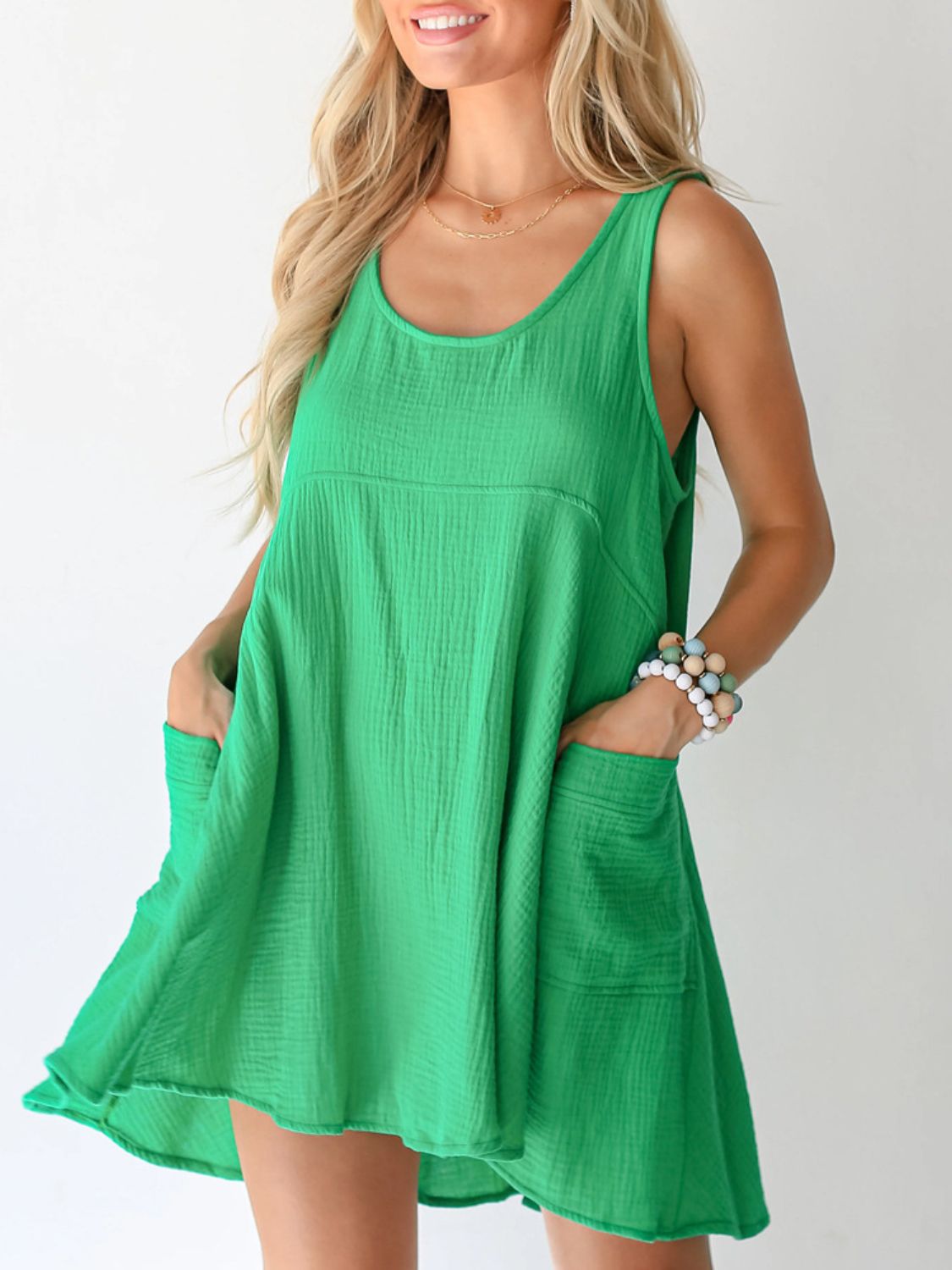 Devine Tied Scoop Neck Wide Strap Mini Dress Green