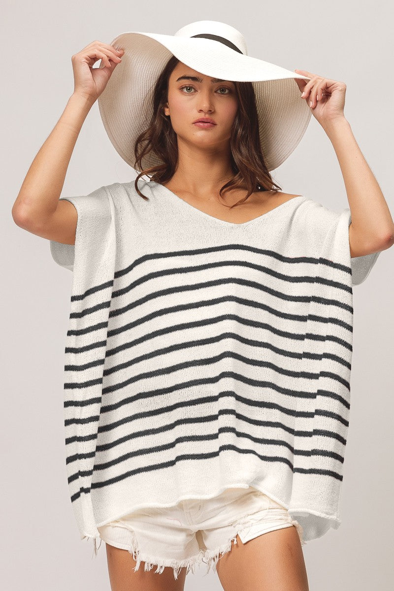 BiBi V Neck Striped Short Sleeve Top Black