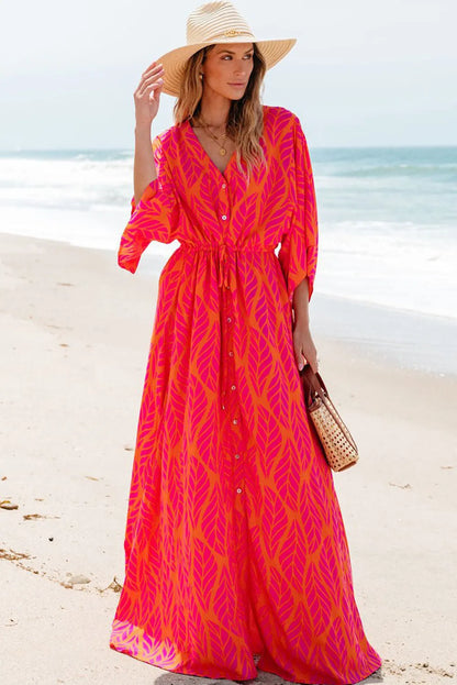 Drawstring Printed V-Neck Maxi Dress