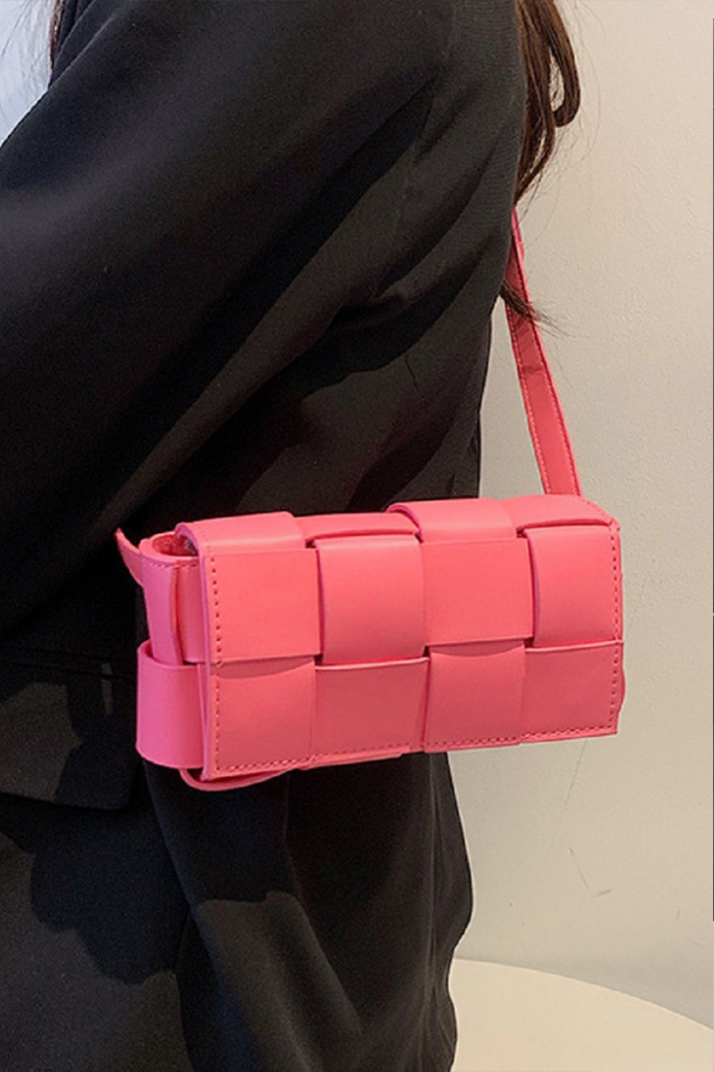 Zenana Vegan Leather Woven Crossbody Bag Hot Pink One Size