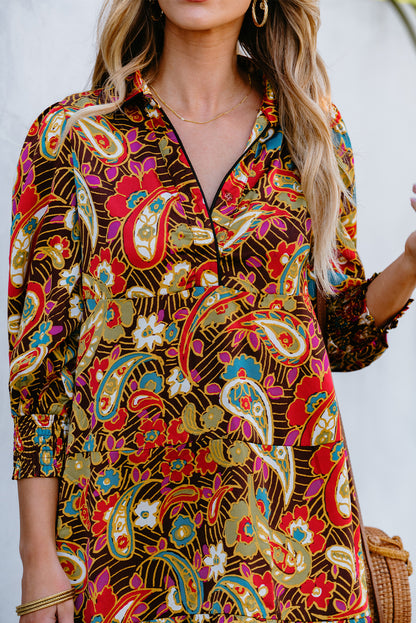 Yellow Paisley Mixed Print Collared 3/4 Sleeve Midi Dress