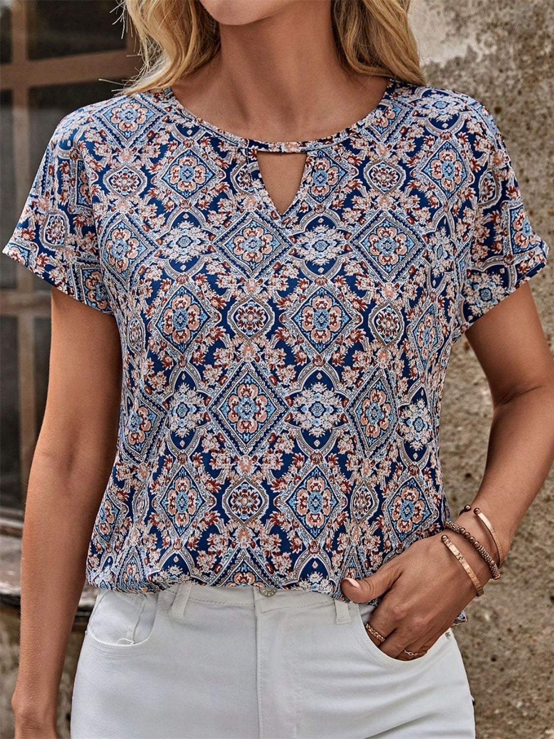 Cutout Printed Round Neck Short Sleeve Blouse Navy