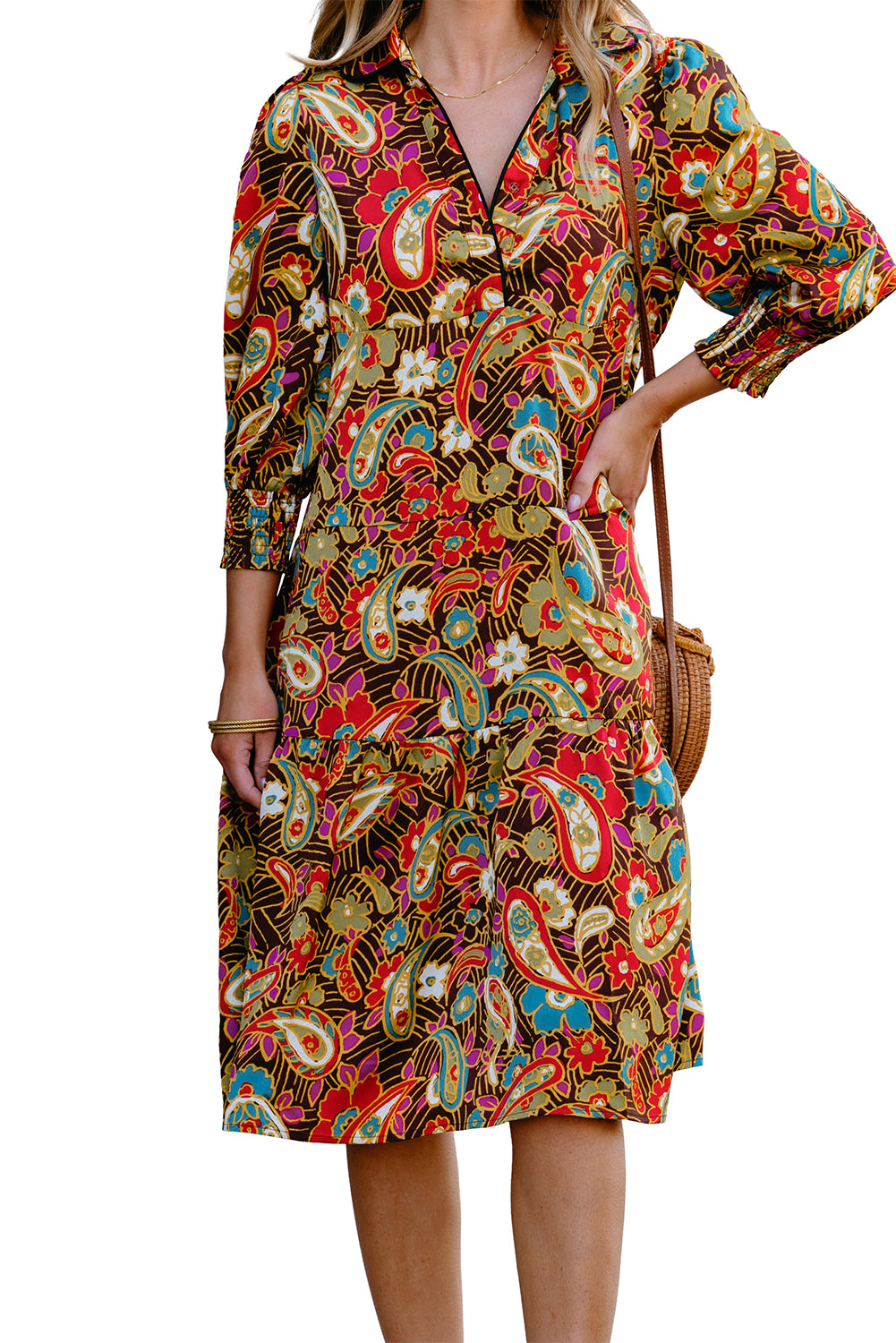 Yellow Paisley Mixed Print Collared 3/4 Sleeve Midi Dress