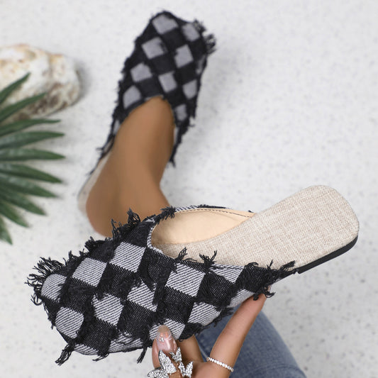 Plaid Square Toe Flat Slippers Dark