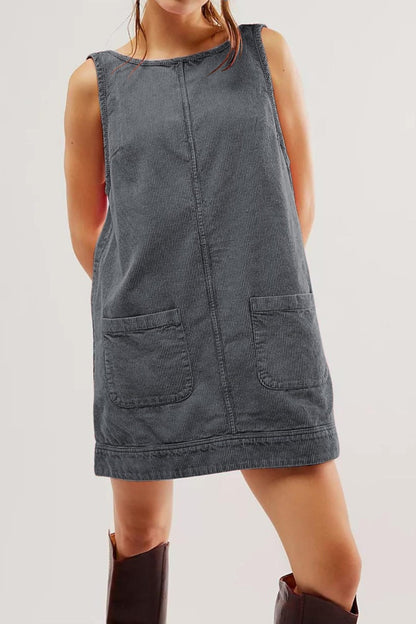 Round Neck Wide Strap Corduroy Mini Dress Dark Gray