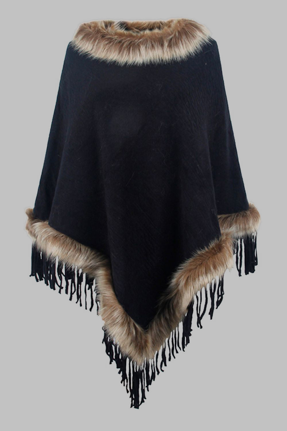 Faux Fur Trim Fringed Poncho - Thandynie