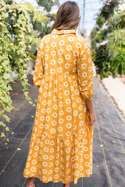 Yellow Flower Print Bracelet Sleeve Buttons Collared Maxi Dress