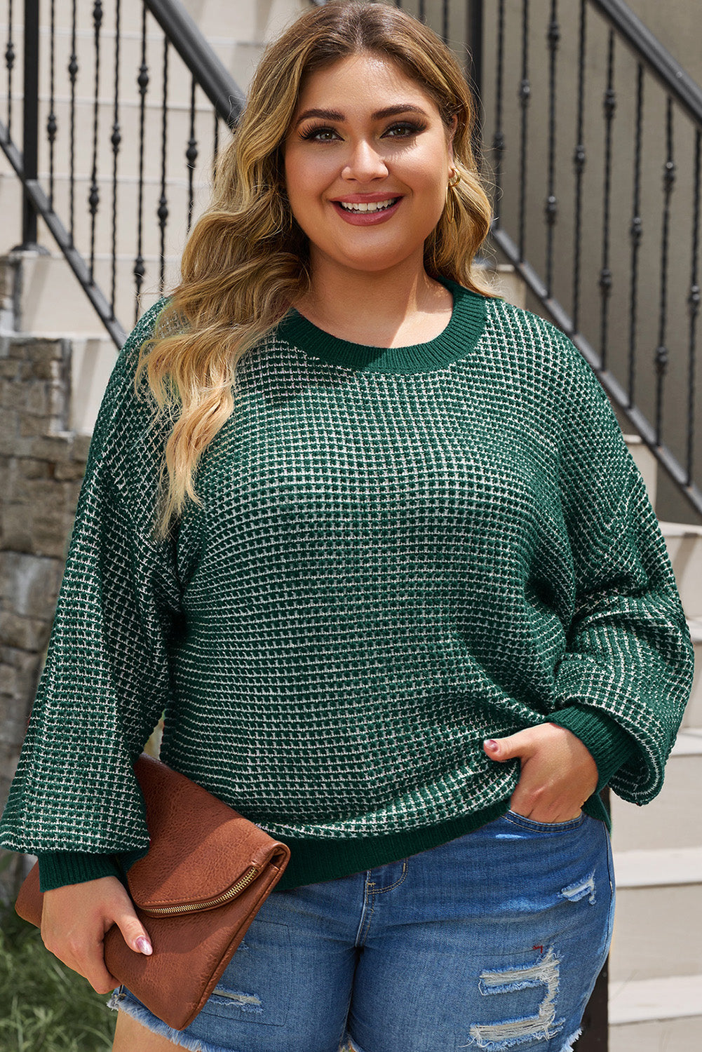 Plus Size Waffle-Knit Round Neck Dropped Shoulder Sweater Green