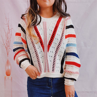 Striped Openwork Round Neck Sweater Multicolor