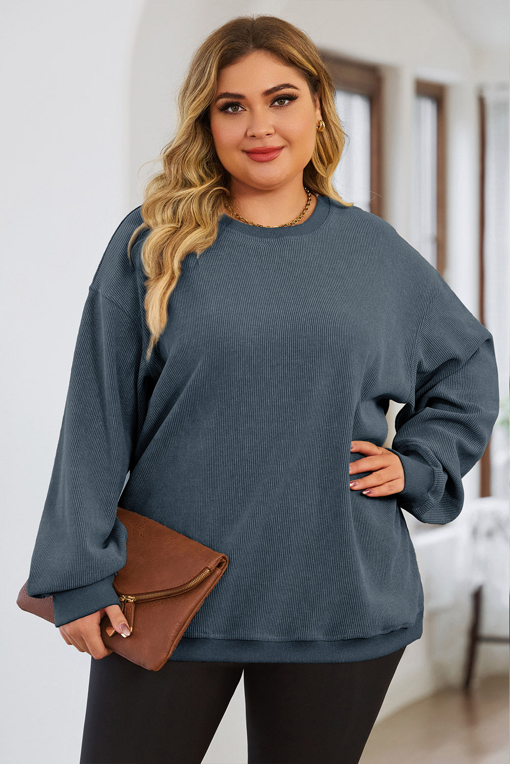 Blue Plus Size Corded Round Neck Sweatshirt