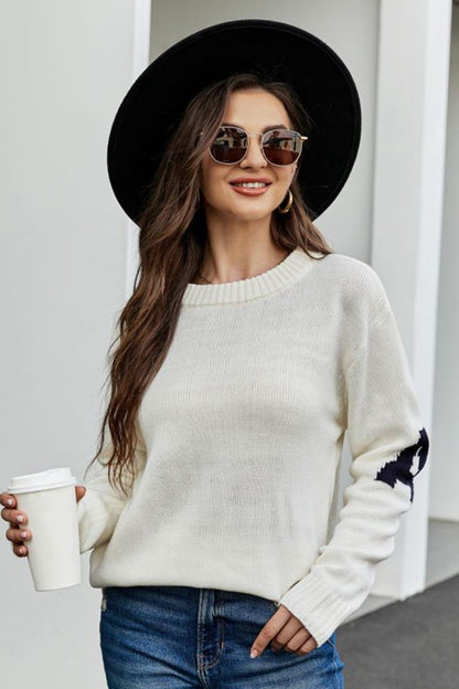 Round Neck Dropped Shoulder Sweater White