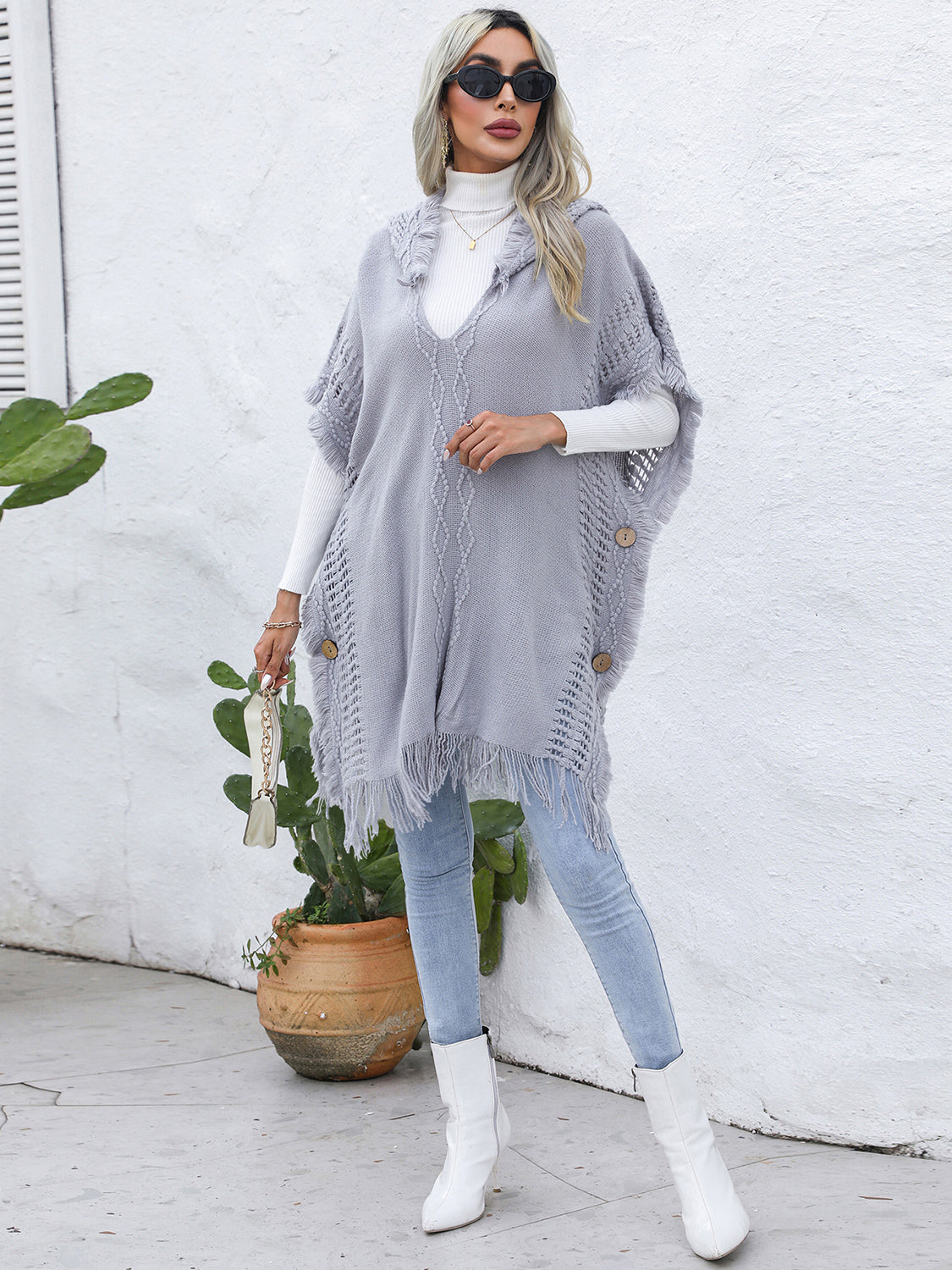 Fringe Trim Buttoned Hooded Poncho - Thandynie