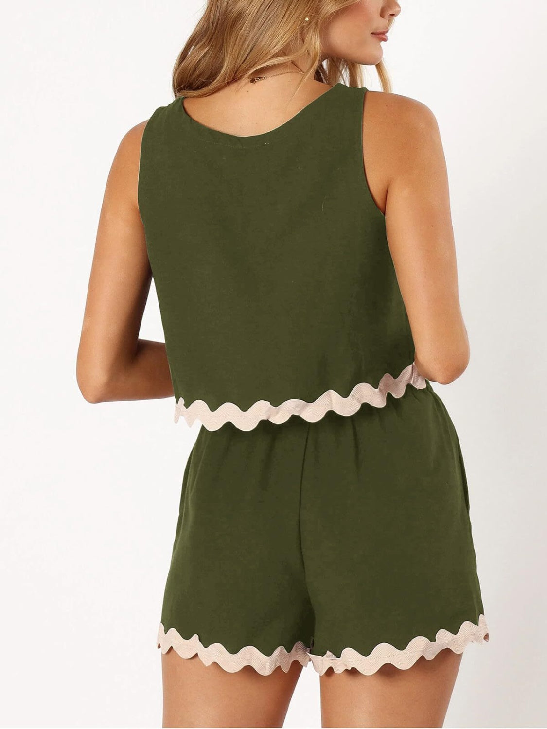 Contrast Trim Round Neck Top and Shorts Set Army Green