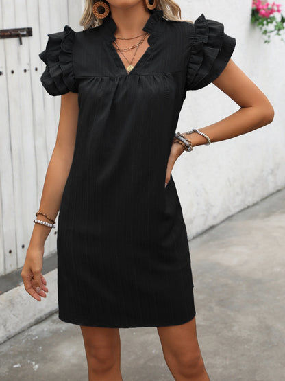 Ruffled Notched Cap Sleeve Mini Dress Black