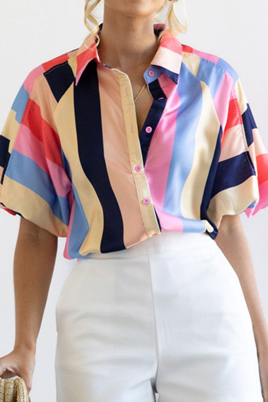 Color Block Button Up Balloon Sleeve Shirt Multicolor