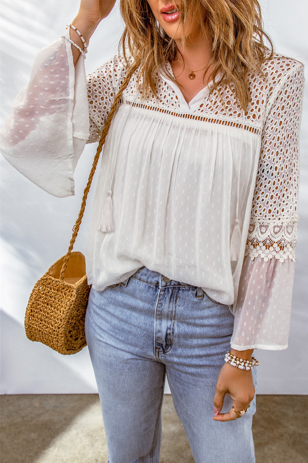 Eyelet Tassel Tie Flare Sleeve Blouse White