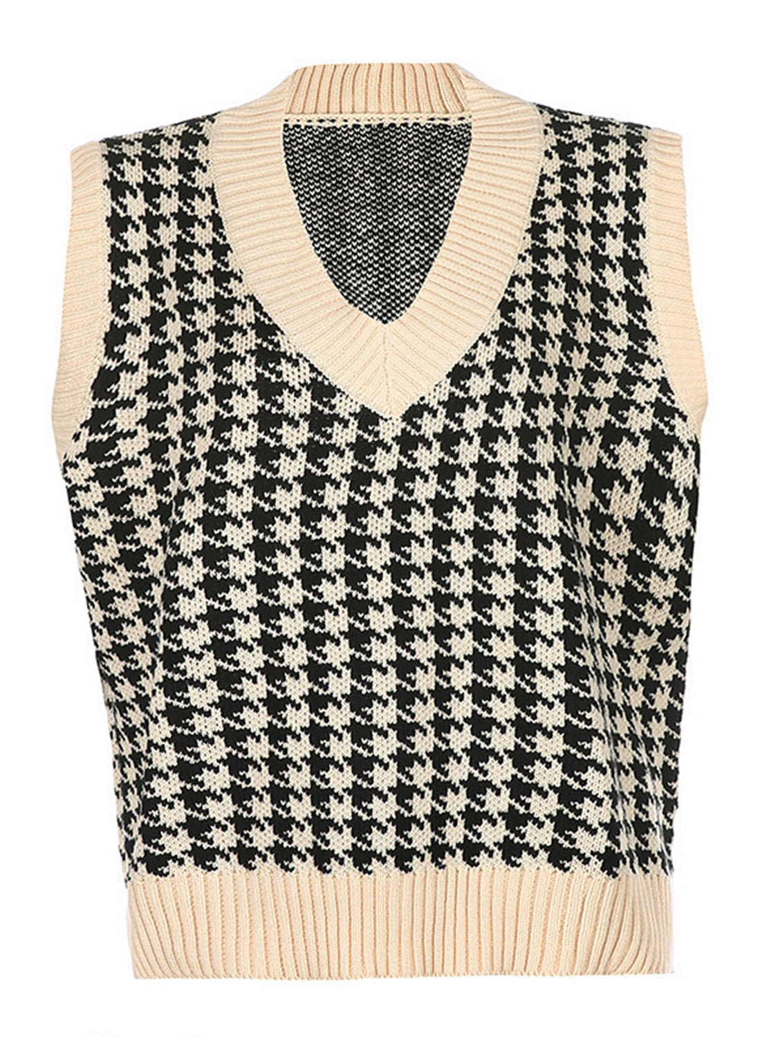 Houndstooth V-Neck Sweater Vest Beige