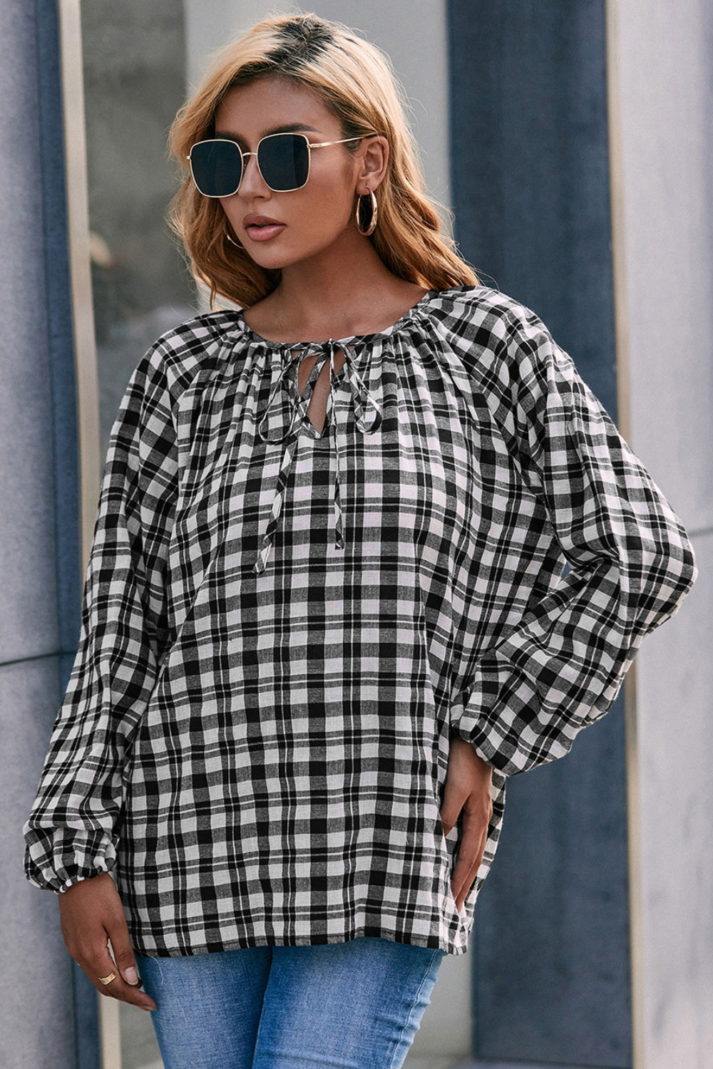 Plaid Tie Neck Balloon Sleeve Blouse Black