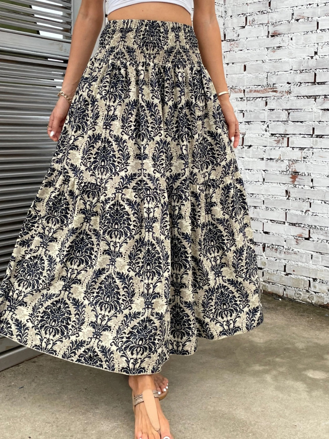 Printed Elastic Waist Maxi Skirt - Thandynie