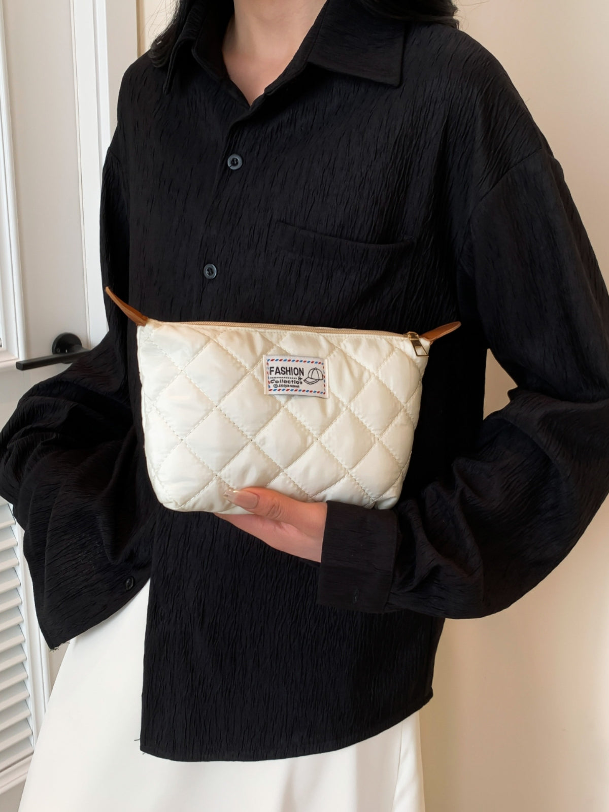 Solid Quilted Clutch with Zipper White One Size