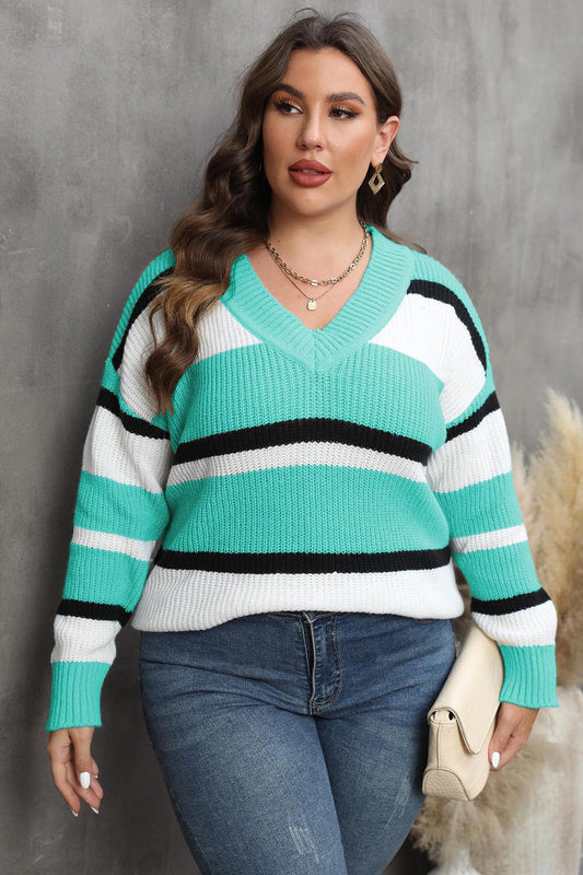 Plus Size Striped V-Neck Dropped Shoulder Sweater Tiffany Blue