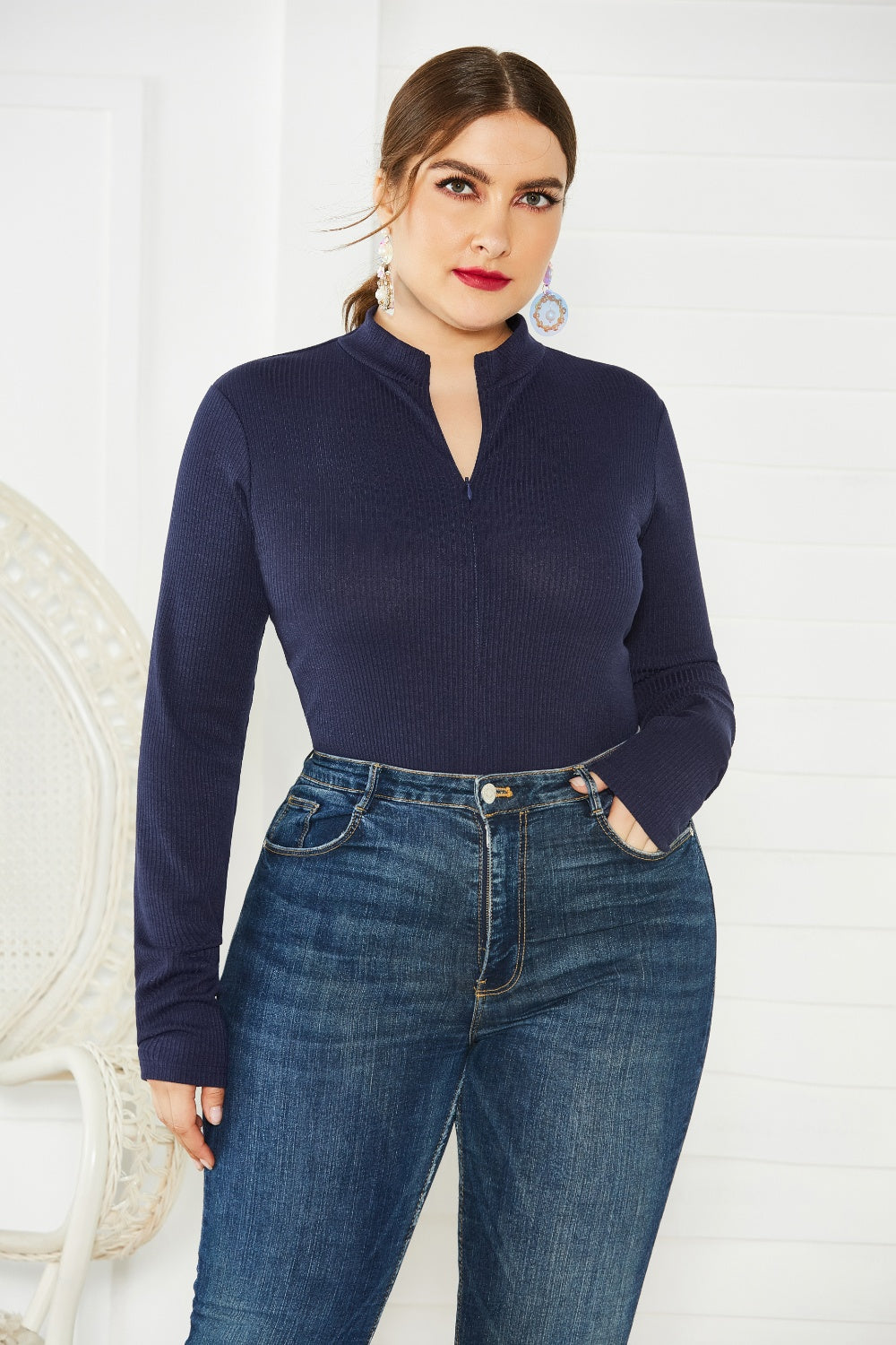 Plus Size Zip Up Long Sleeve Bodysuit - Thandynie