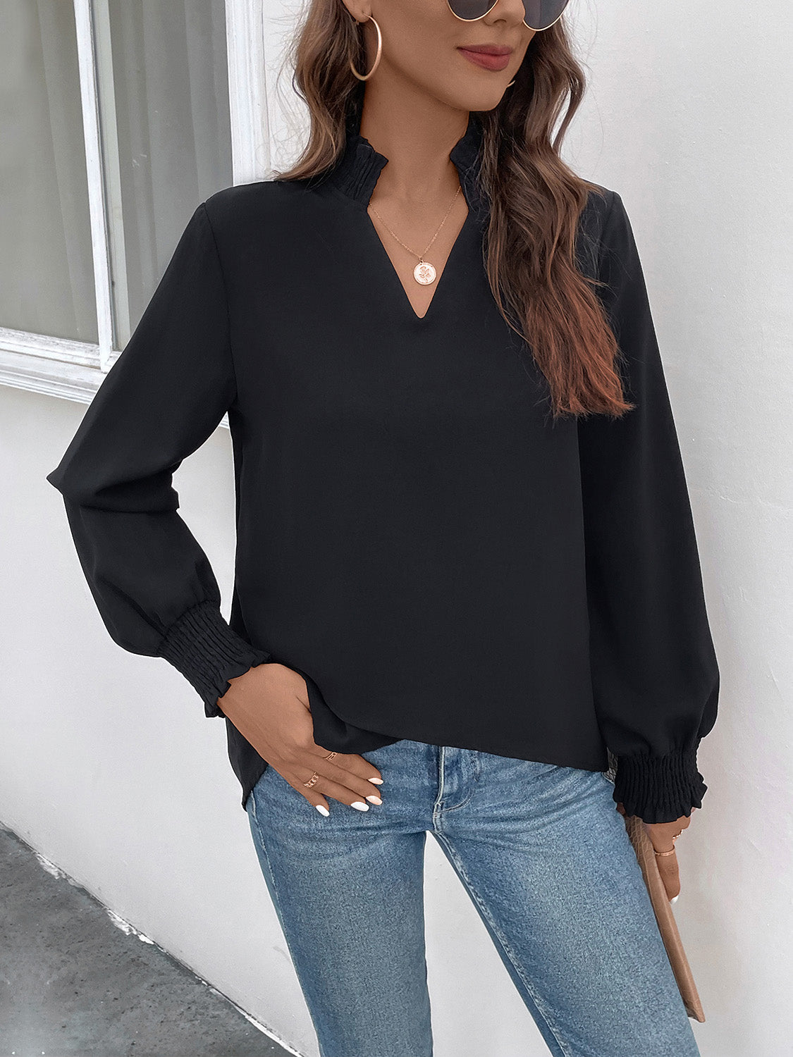 Smocked Notched Long Sleeve Blouse Black