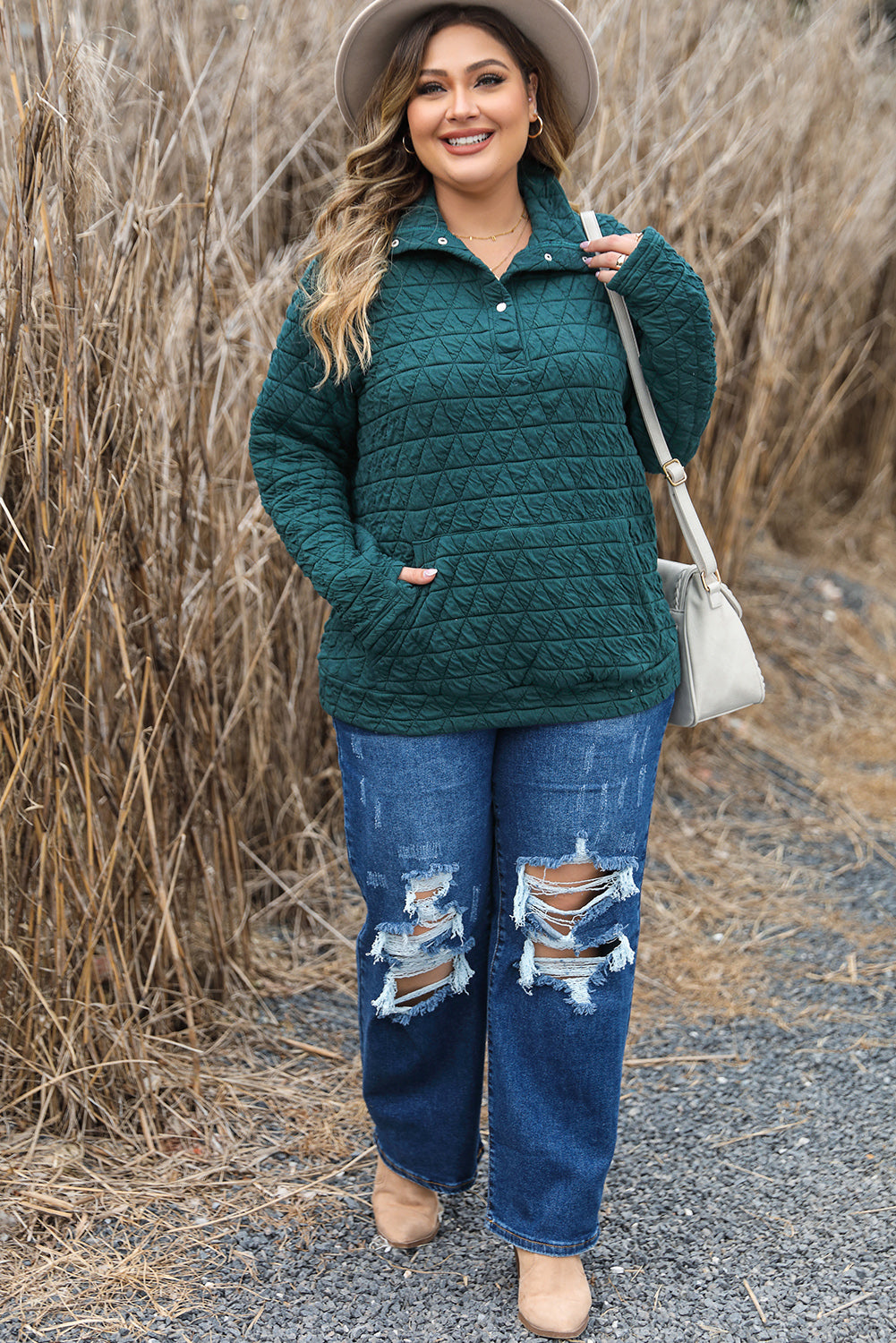 Blackish Green Plus Size Quilted Sweatshirt with Buttoned Neckline & Kangaroo Pocket