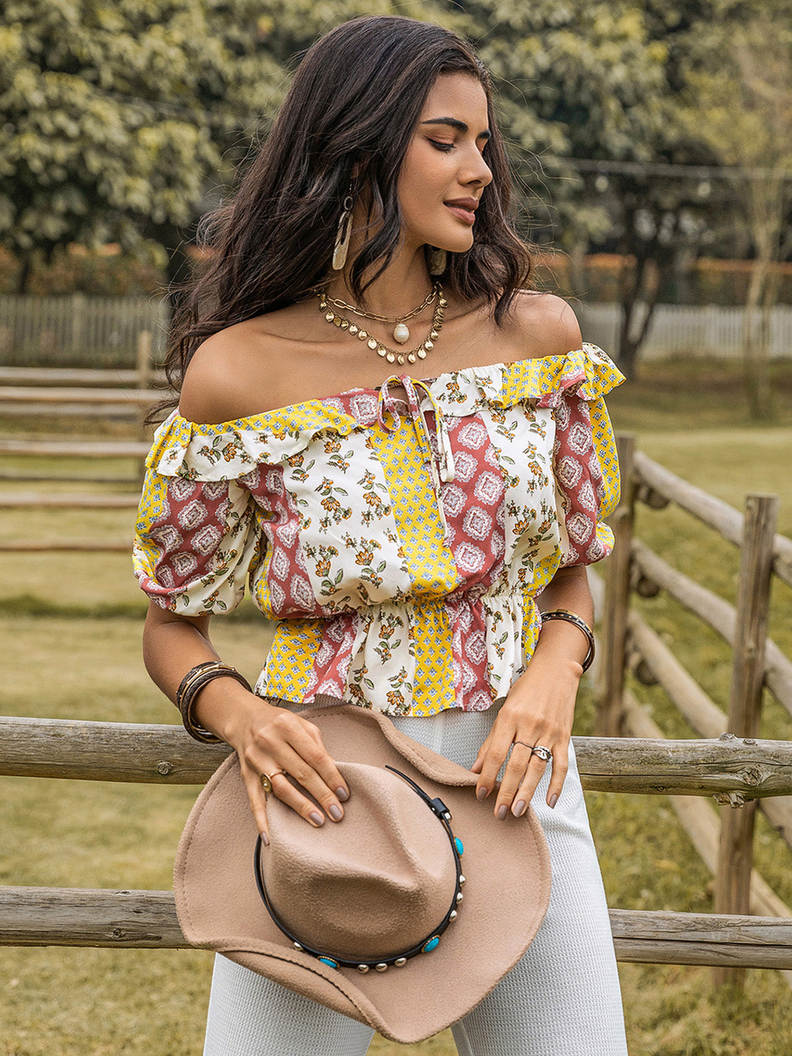 Ruffled Printed Off-Shoulder Short Sleeve Blouse Multicolor